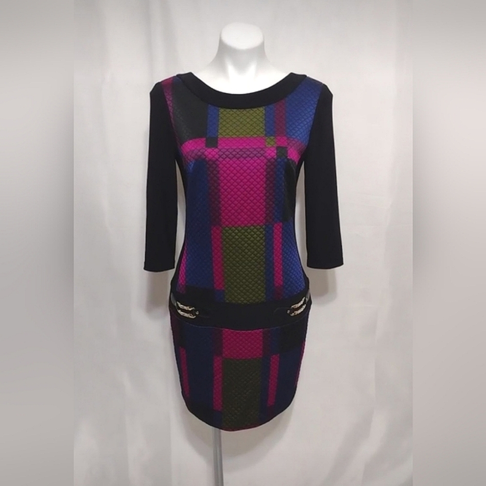 Joseph Ribkoff Geometric Plaid Knit Sheath Dress Black Multi Chain Detail US 8